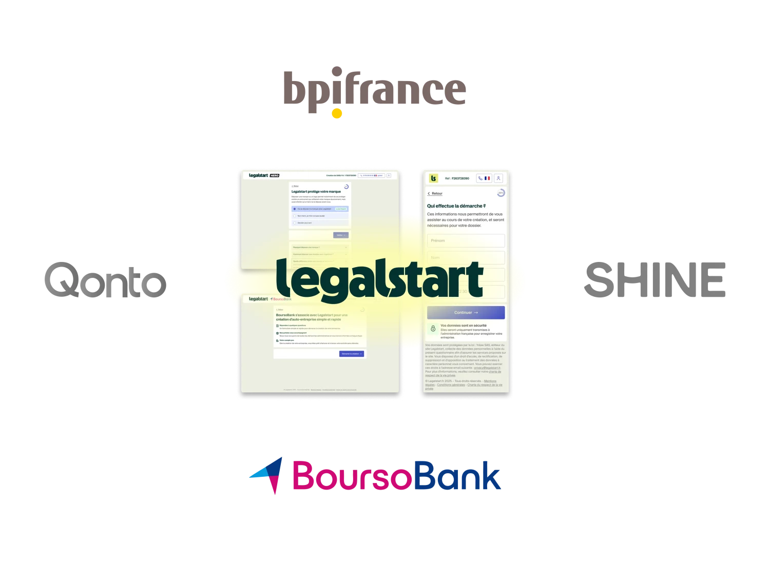 Legalstart cobranded funnels with Qonto, Shine, BoursoBank and bpifrance