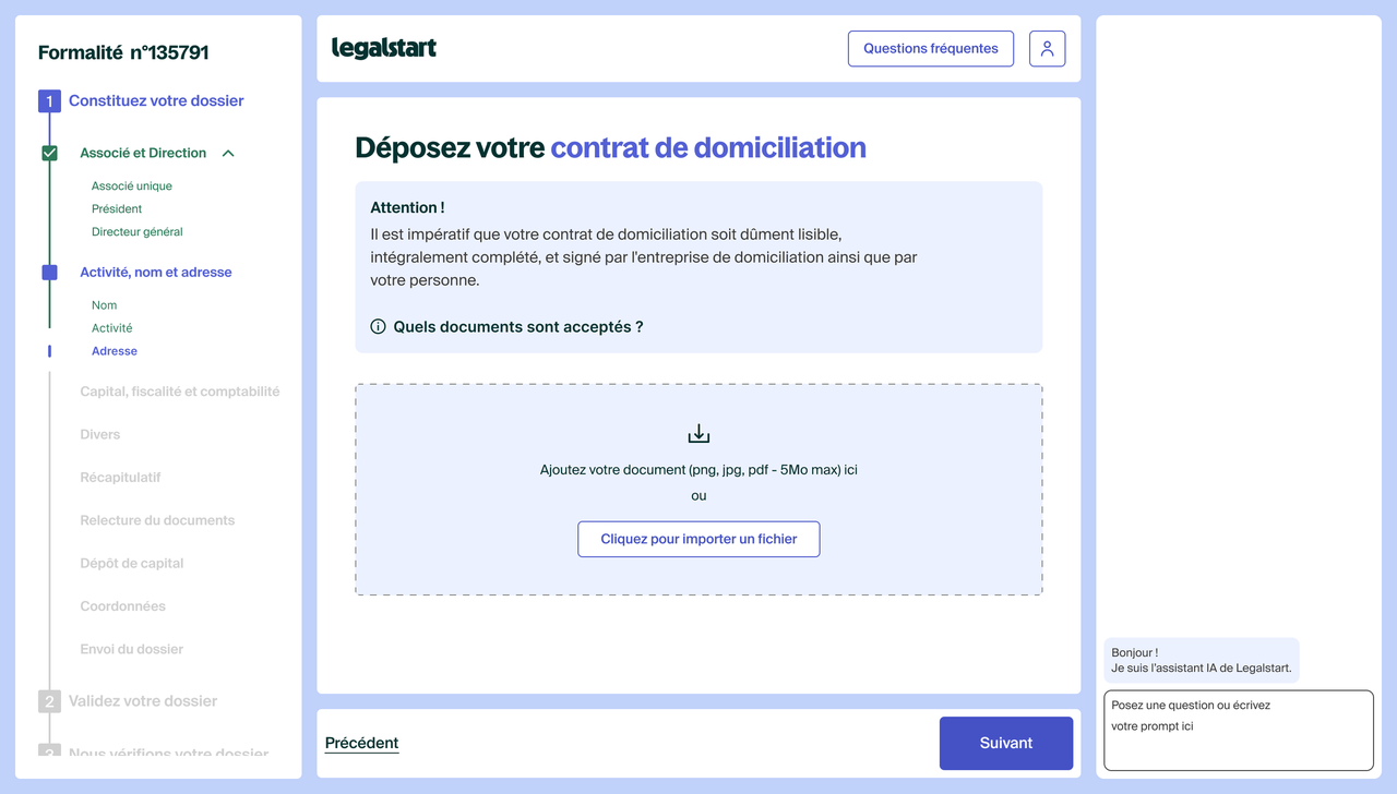 After: the redesigned step for uploading the domiciliation contract, with the new progress timeline, upload area and assistant panel