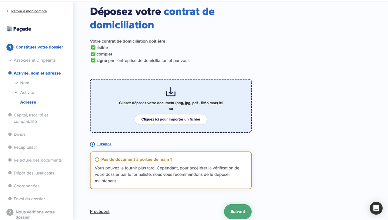 Before: the same step, uploading the domiciliation contract, in the previous design