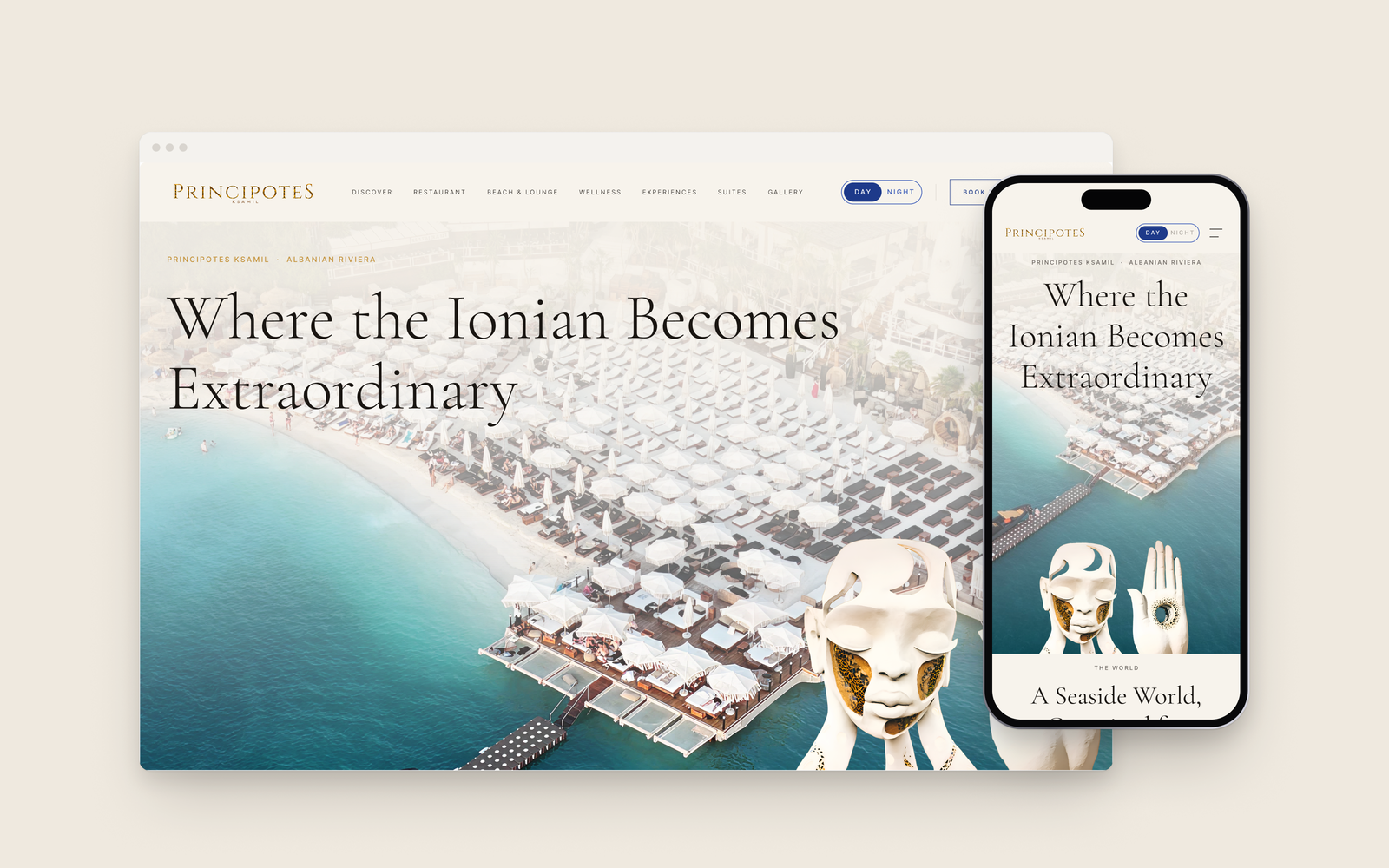 Principotes Ksamil website, desktop and mobile, day mode