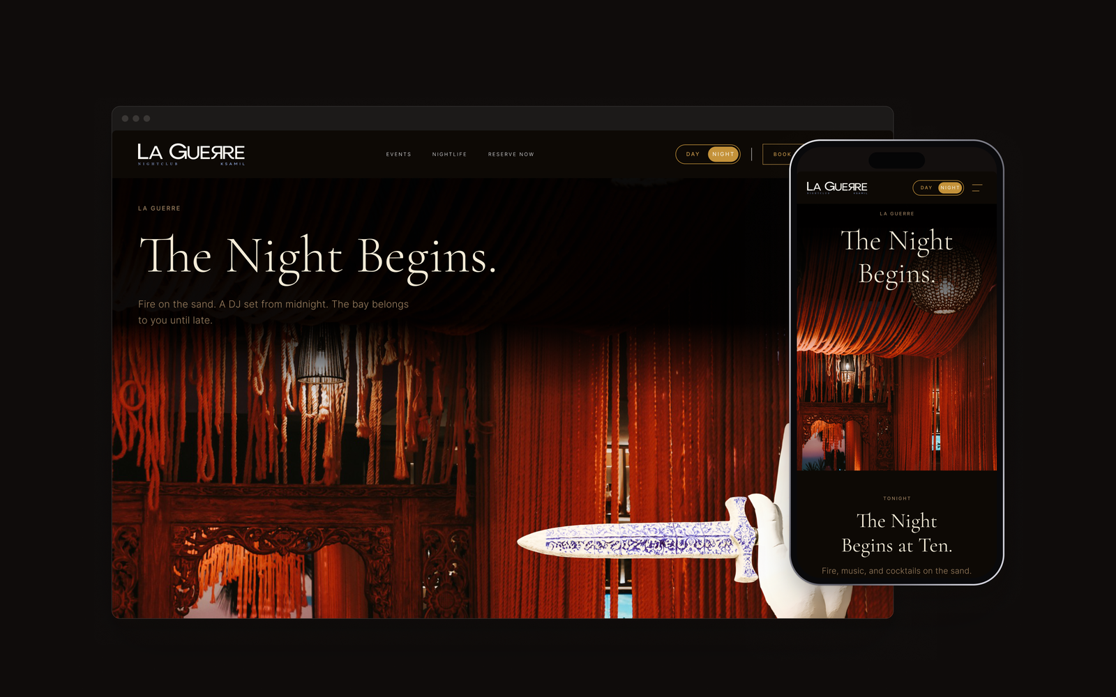 Principotes Ksamil website, desktop and mobile, night mode (La Guerre)