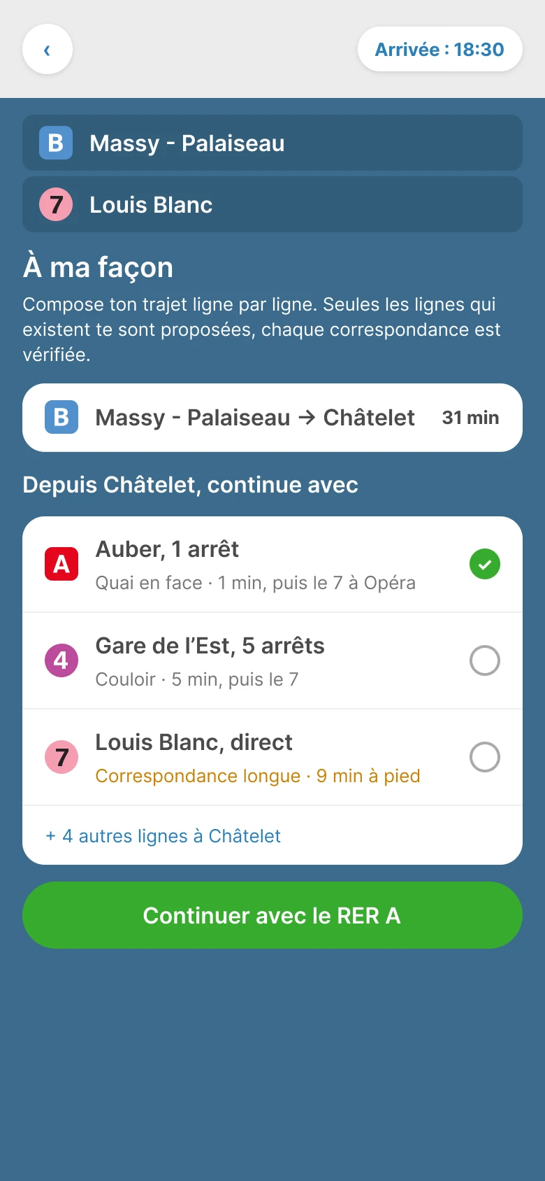 Maquette Figma. Depuis Châtelet, choix entre le RER A, la ligne 4 et la ligne 7, chacune avec sa correspondance.